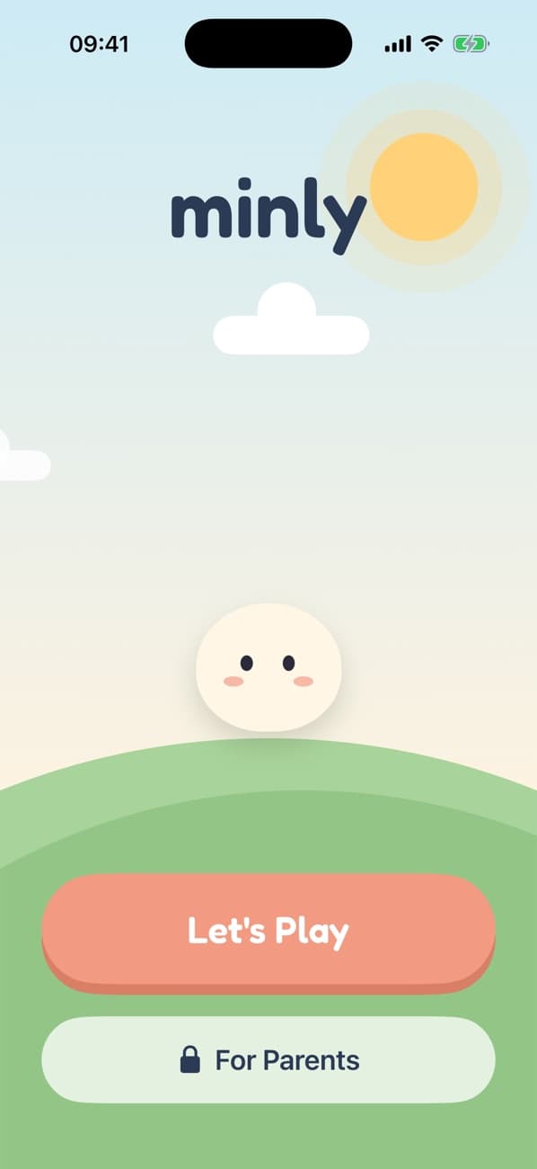 Minly's home screen: Min on a small green planet under a blue sky, with Let's Play and For Parents buttons