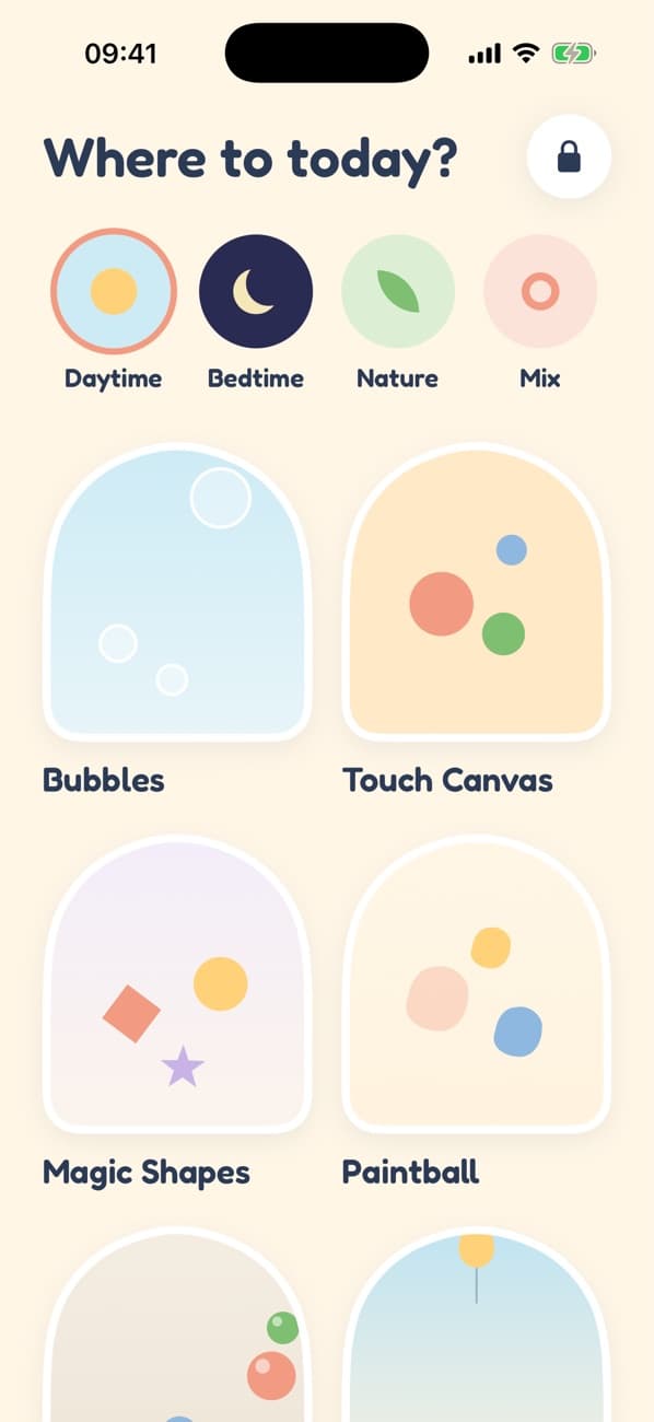 The world picker: arched windows for Bubbles, Touch Canvas, Magic Shapes and Paintball