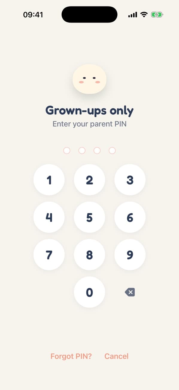 The Grown-ups only PIN screen with sleepy Min